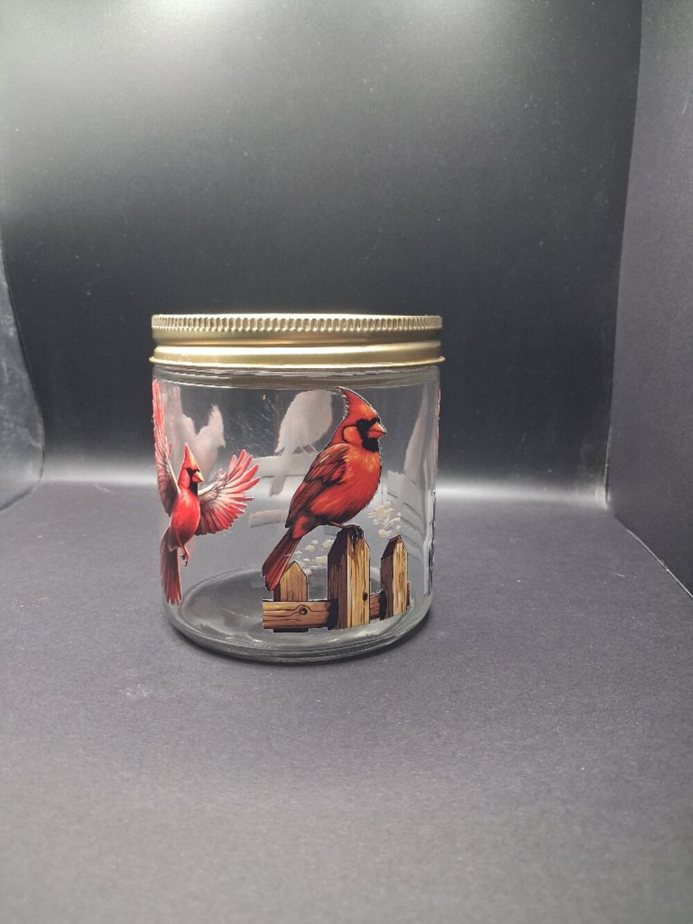 Cardinal Winter Glass Storage Jar 16oz Gold Lid